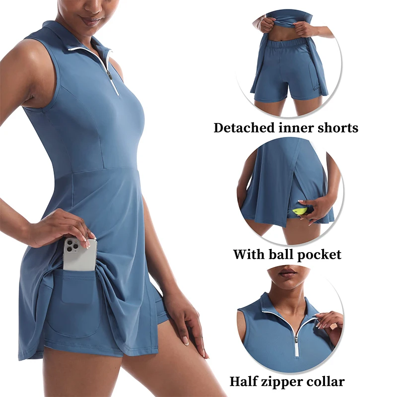 CUGOAO 2pcs Fashion Tennis Dresses with Shorts Side Slit Women Golf Badminton Dress Suit Casual Outdoor Running Sportswear