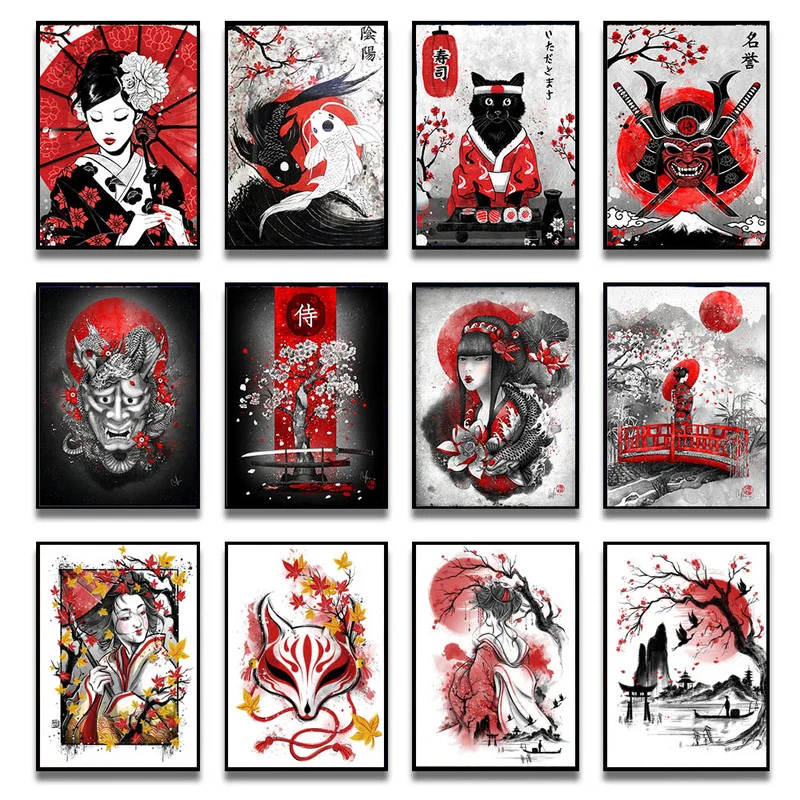 

Japanese Geisha Samurai and Yin-Yang Fish Canvas Painting Abstract Posters and Print Wall Art Picture for Living Room Home Decor