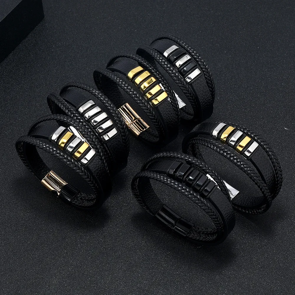 

New Jewelry Multilayer Woven Men's Leather Bracelet Simple and Fashionable Magnet Buckle Punk Style Hand Men Accessories