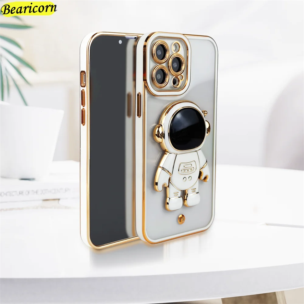 Plating Astronaut Stand Phone Case For Realme C11 C12 C15 C20A C21Y C25S C25 C31 C35 Q3i Q5 V13 5G V23 V25 Lens Protection Cover