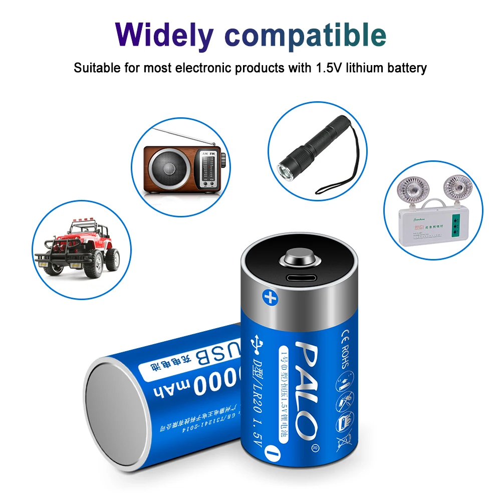 ПАЛО Аккумуляторы типа С размера D с зарядкой от USB емкостью 1,5 Вт/ч перезаряжаемые батареи R20P 10000 мАч 1,5 Вт литий-ионные батареи для водонагревателя.