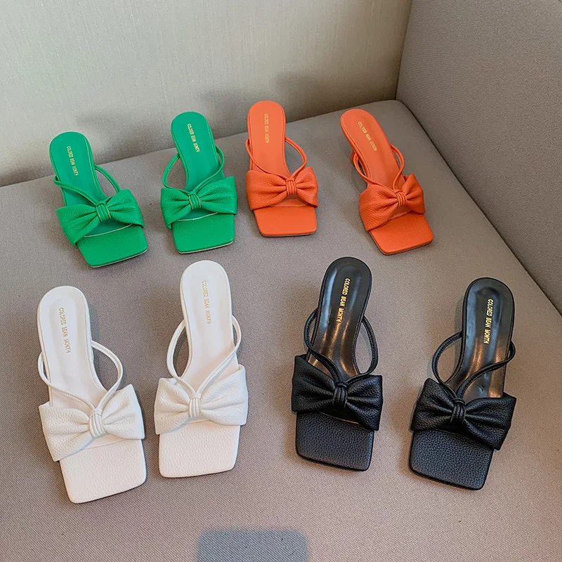 

Bow Design Women Slippers Summer Outdoor Slides Slippers Mules Shoes Thin Low Heels Green Orange White Black Hollow Dress Slides