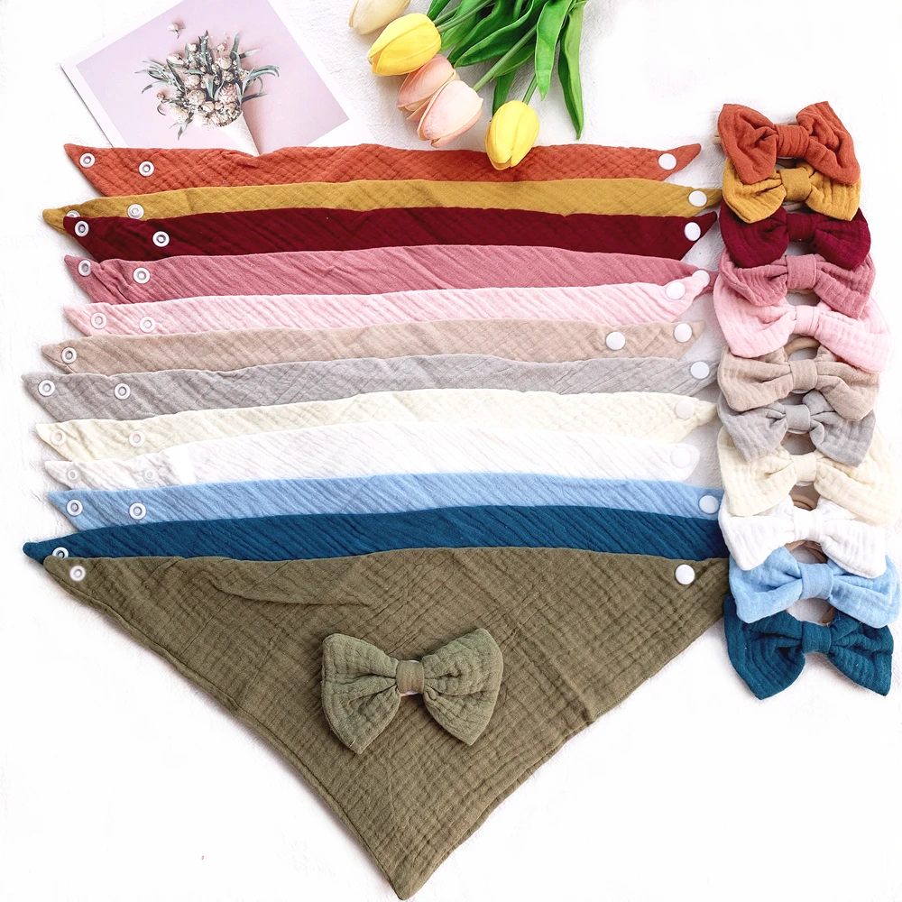 2Pcs/Set Baby Solid Color Cotton Muslin Bib Bow Hair Band Set Newborn Slabber Absorbent Burp Cloth Scarf Saliva Towel Stuff - купить по