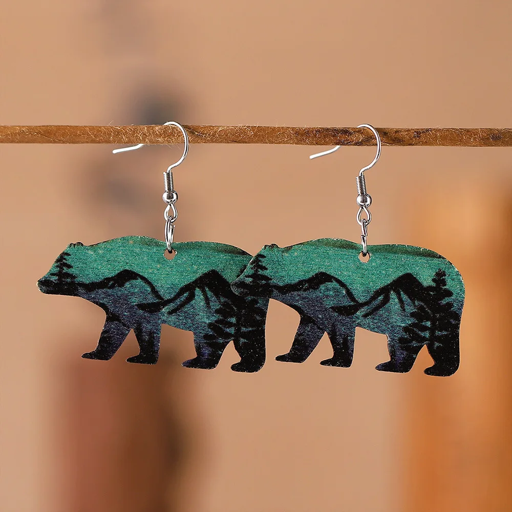 

Новинка, серьги с изображением коричневого медведя и мамы, двусторонние, с изображением леса, снега и гор, подарок на день матери, женские серьги с изображением животных