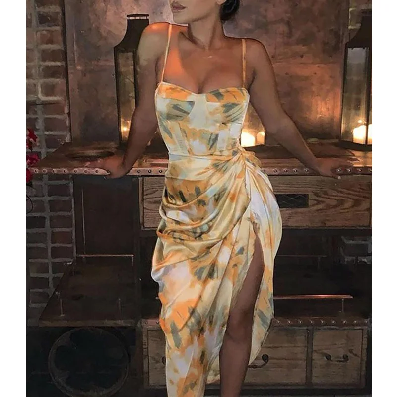 

2021 Women Chic Summer Dress Abstract Print Spaghetti Strap High Slit Ruched Dress Sexy Night Club Party Dress
