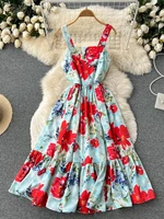 banulin 2022 summer fashion runway holiday elegant dress women spaghetti strap floral print high waist party midi dress n1862