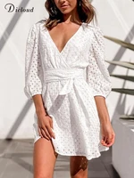 dicloud white boho summer dresses for women 2022 elegant hollow out v neck sexy party dress beach sweet vacation female clothing