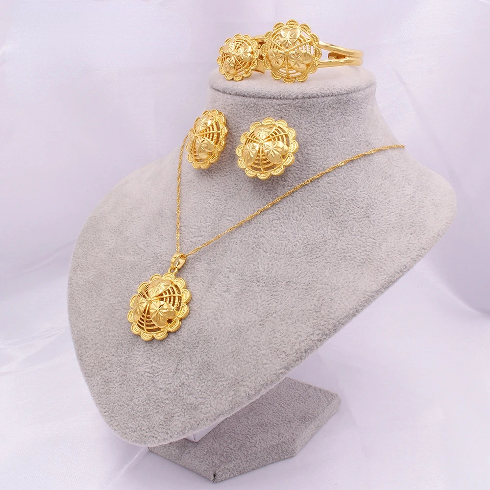 

Brazil Gold Color Jewelry Sets For Women Dubai Fashion Necklace Earrings Ring Bracelet Set Bride Wedding Party Gift Nigeria