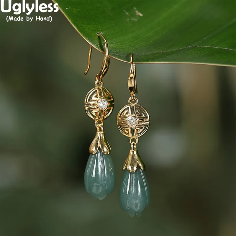 

Uglyless Ethnic Hollow Longevity Earrings Women Natural Agate Jadeite Magnolia Flowers Dress Earrings Natural Gemstones Brincos