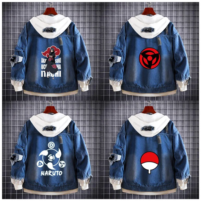 

Akatsuki Naruto Denim Jacket Sweatshirts Hoodie Fleece Oversized Hooded Cool Uchiha Sasuke Jacket Men Personality Outerwear Coat