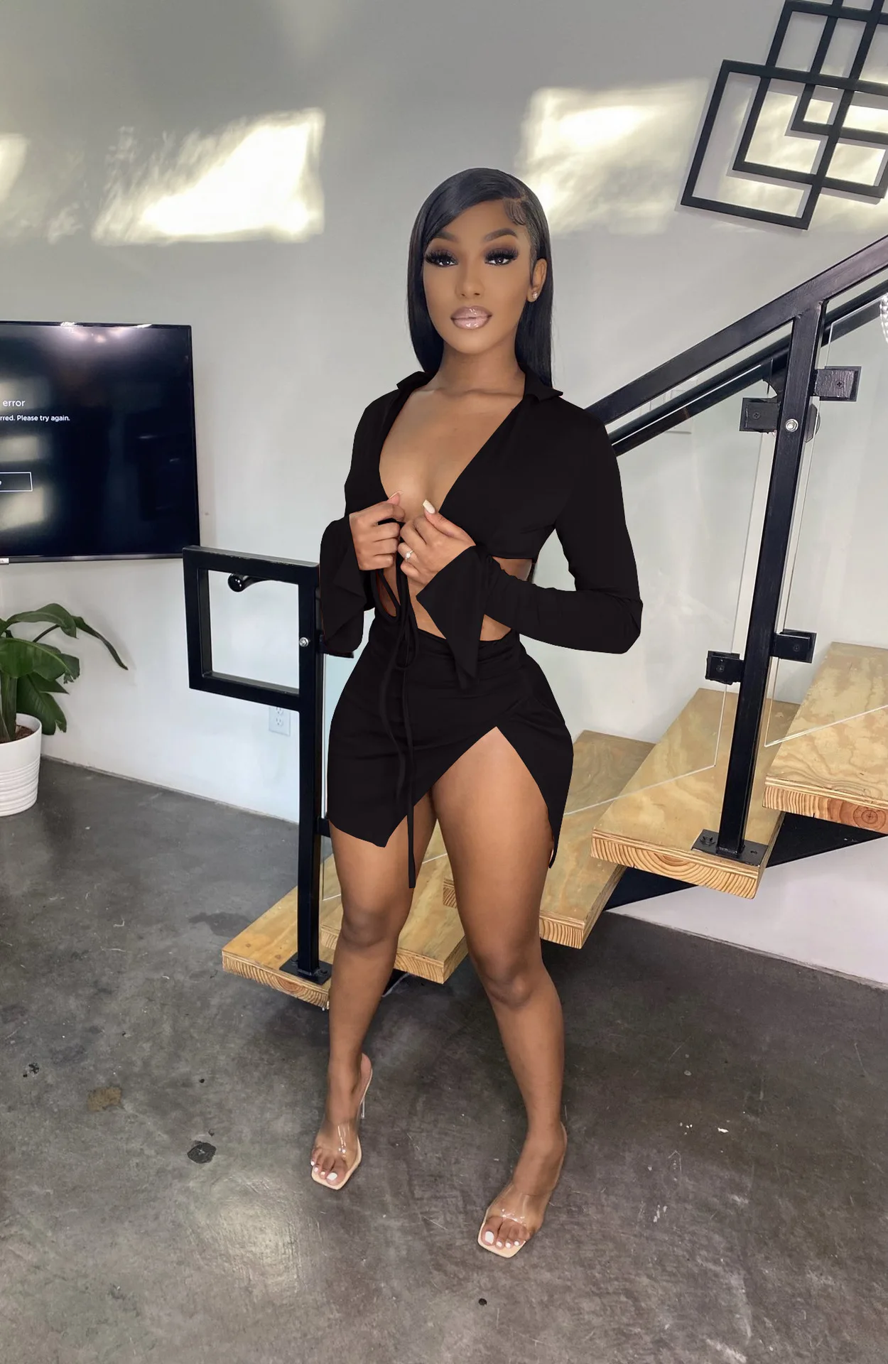 

Модный сексуальный комплект из двух предметов PLSW, однотонная бандажная Женская юбка с V-образным вырезом