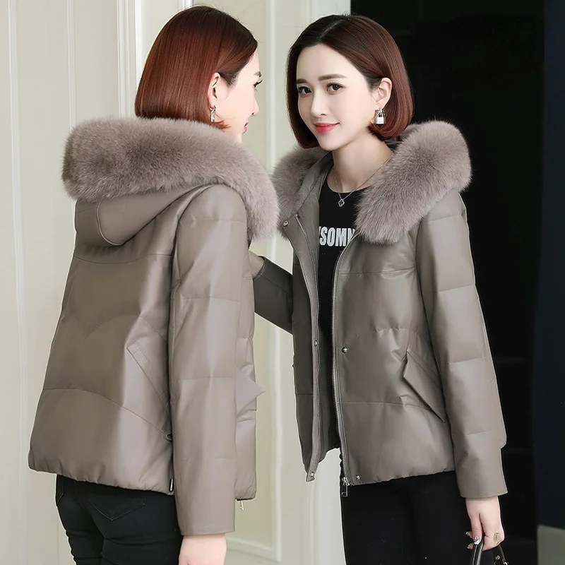 

Genuine Leather Jackets Women Winter Puffer Jacket Fox Fur Collar Short Down Coat Sheepskin Leather Down Coats Jaqueta 2023
