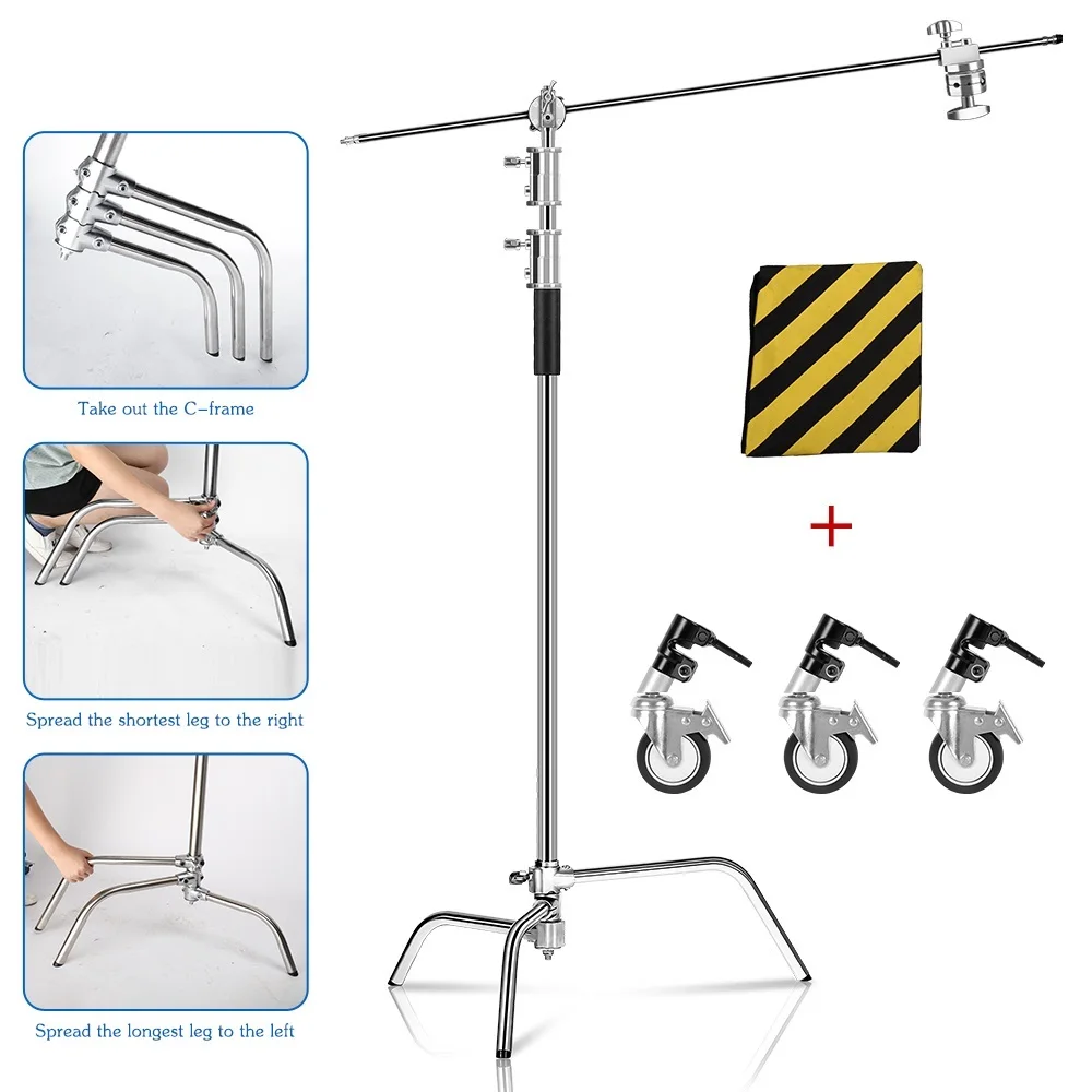 

2022.Photography Tripod C-Stand Stand Stainless Steel with Boom Arm Grip Head Upgraded Max Height 260cm with One Adjustable C-
