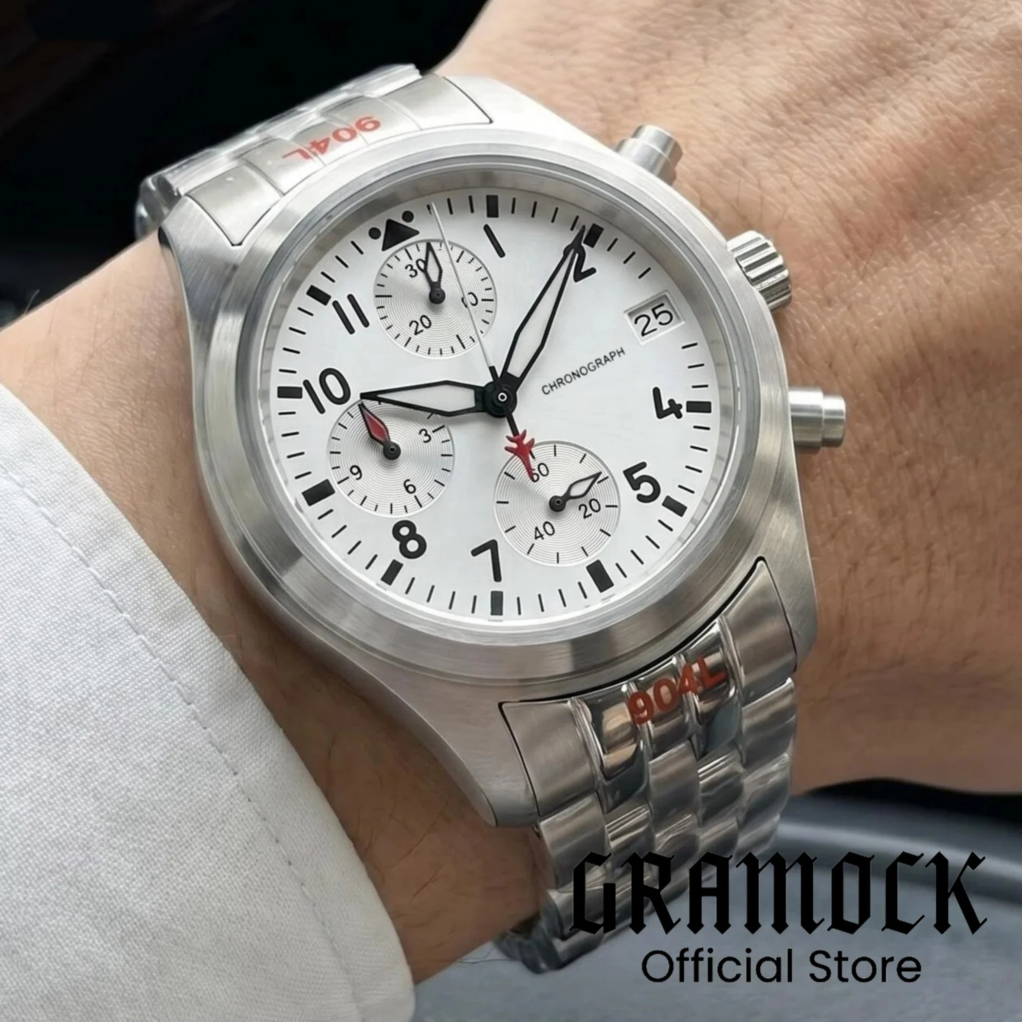 Фото Белые спортивные наручные часы Pilot Dial VK67, 38 мм, кварцевый хронограф, сапфировое стекло, водонепроницаемость 100 м, браслет из нержавеющей стали №1