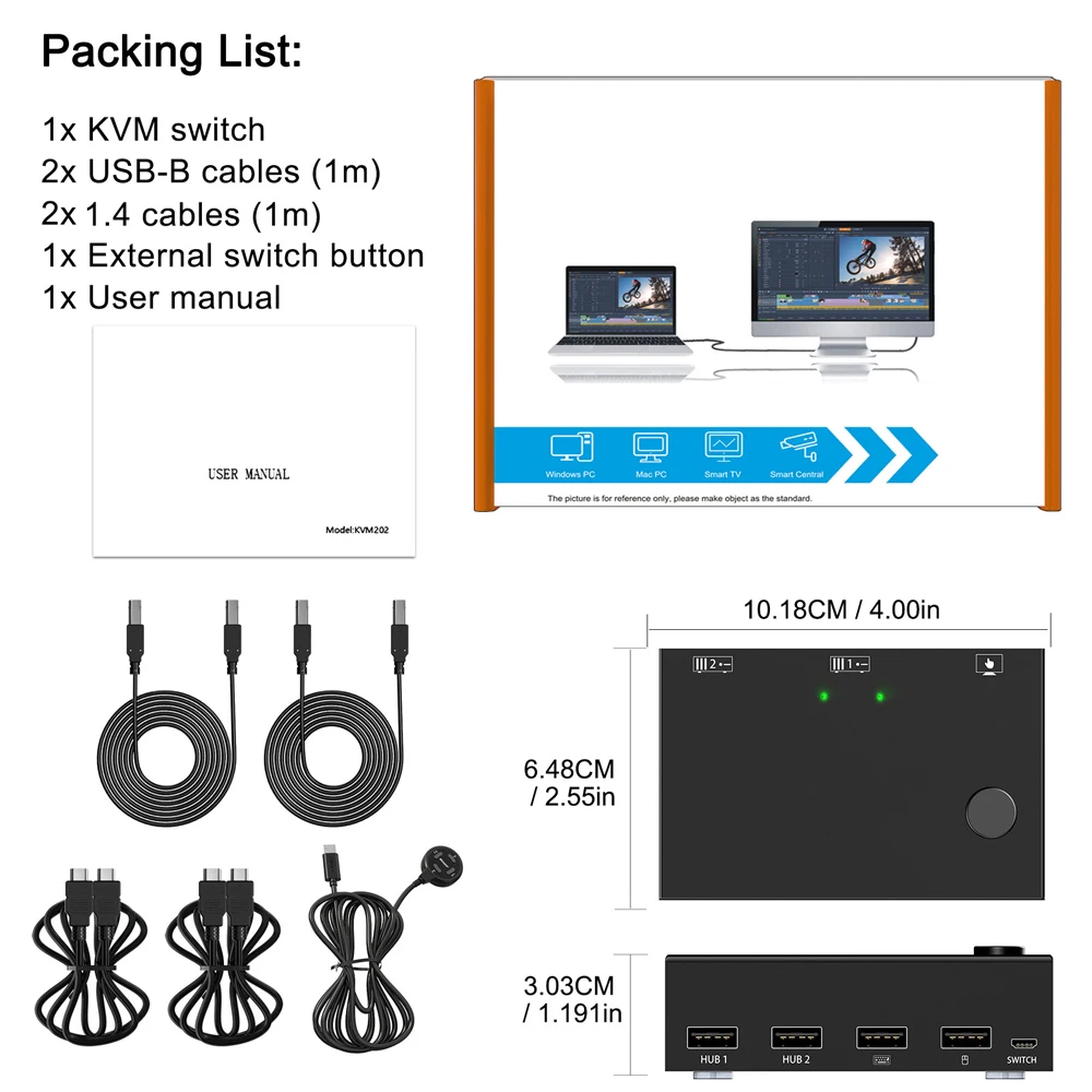 60Hz KVM HDMI-Compatible 2 In 2 Out Dual Monitor Switcher Controls 2 Computer Laptop Monitor 2 Input Display No Driver Required