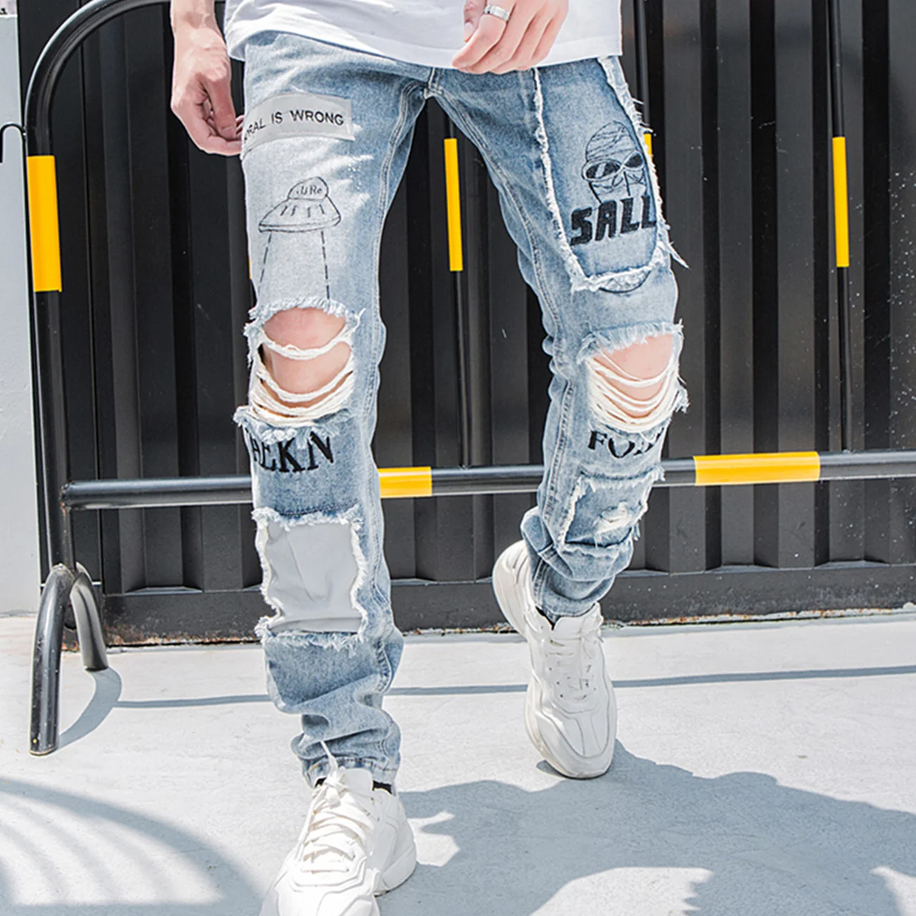 

KKAYCATE Reflective Men Hip Hop Jeans Skinny Ripped Vintage Biker Jogger Distressed Hole Baggy Denim Slim Fit Casual Pants