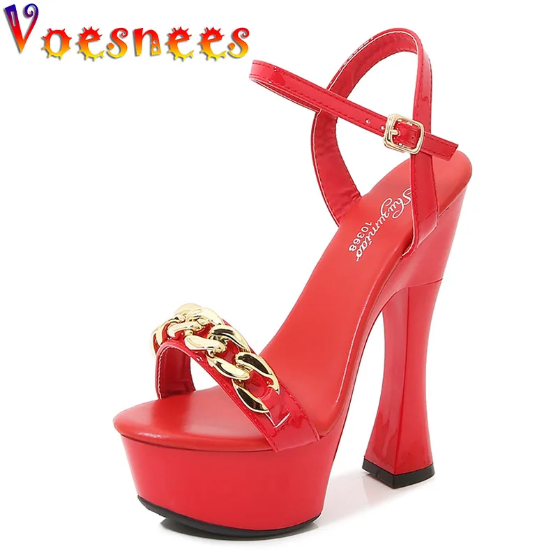 

New Women's Sandals Summer Square Heel Female Fetish Party Shoes Fashion Metal Chain Designer Stage Heels Pumps Platform Mujer