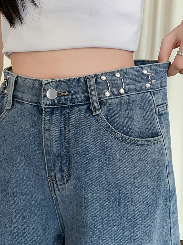 Streetwear Women High Waist Adjustable Loose Denim Shorts Summer Female Button Retro Wide Leg Jeans Shorts Bottoms
