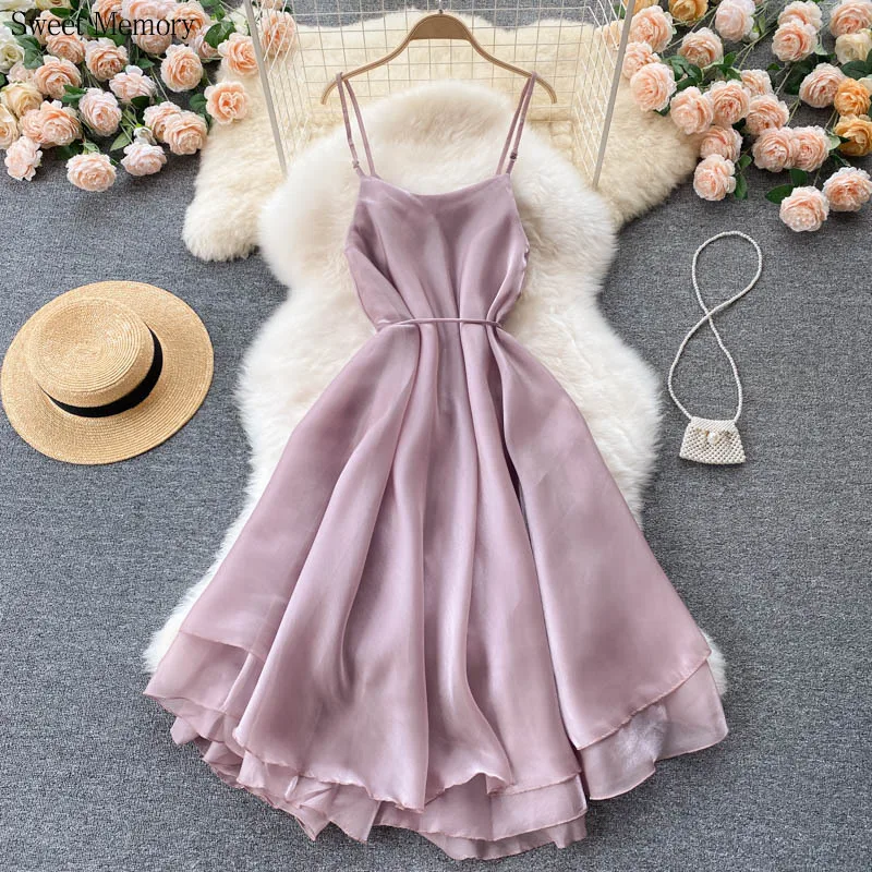 

A463 Fairy Gentle Wind Sweet and Thin Suspender Prom Dress Female Lace Seaside Holiday Travel Fluffy Gauze Cocktail Dresses