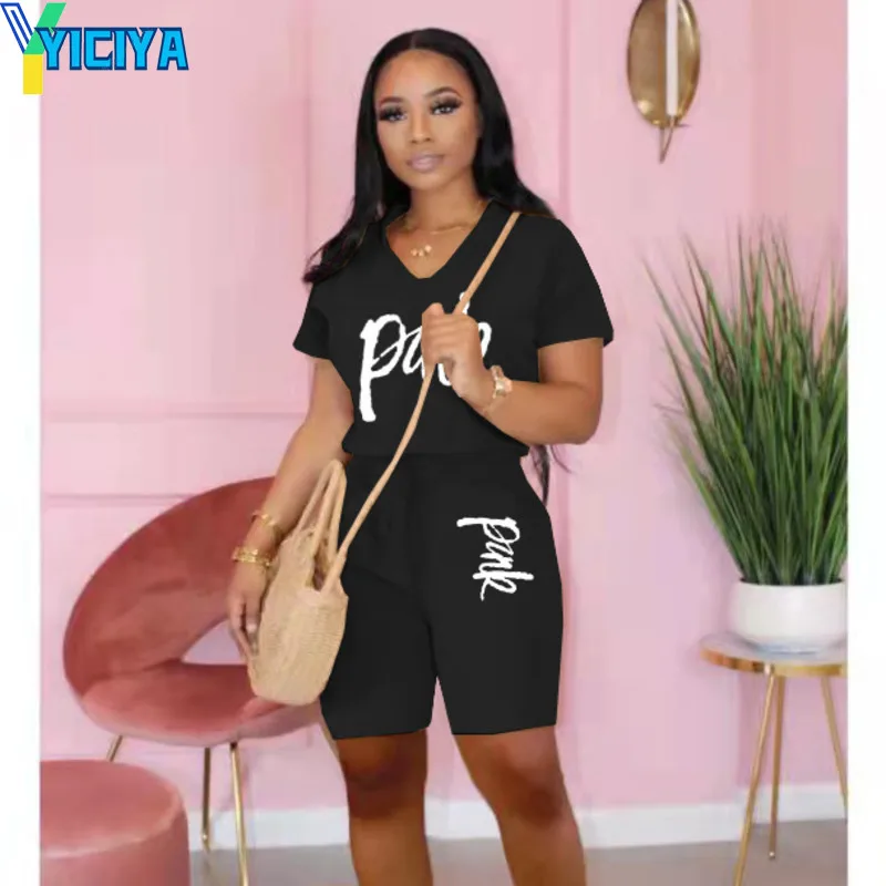 

YICIYA Women's Summer Suits Black Letter Print Tracksuits Casual Shorts Sets Sporty Two Piece Sets Biker Loose Short Outfit 2022