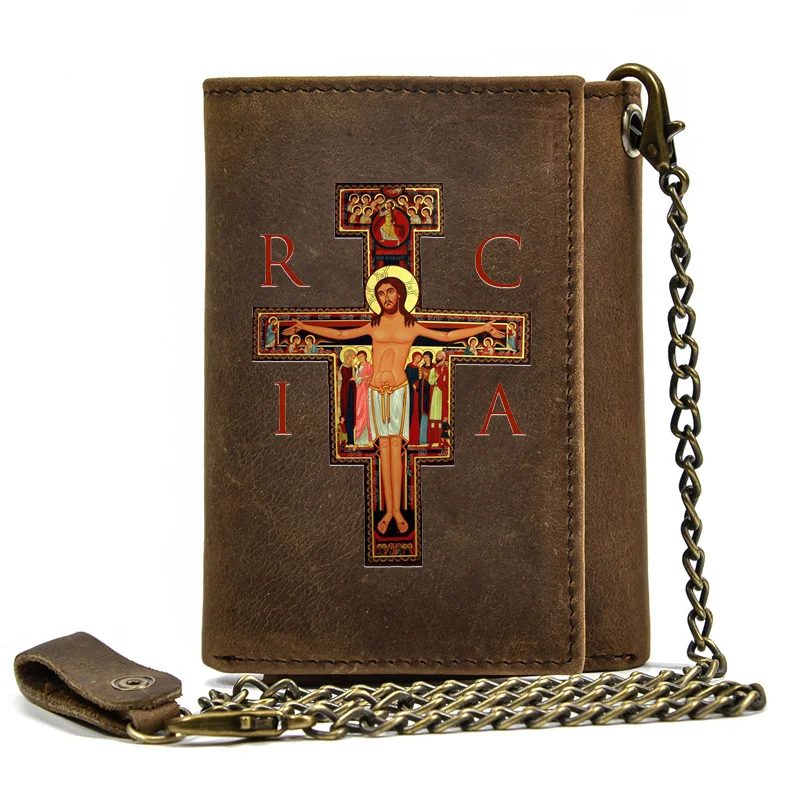 

Genuine Leather Men Wallet Anti Theft Hasp With Iron Chain Orthodox Church Cross Cover Card Holder Rfid Short Purse