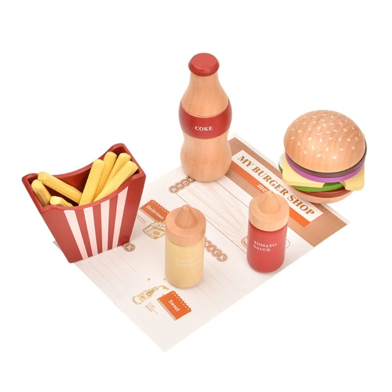 Wooden Burgers Dinner Set Kitchen Pretend Play Accessories Realistic Burger DropShipping