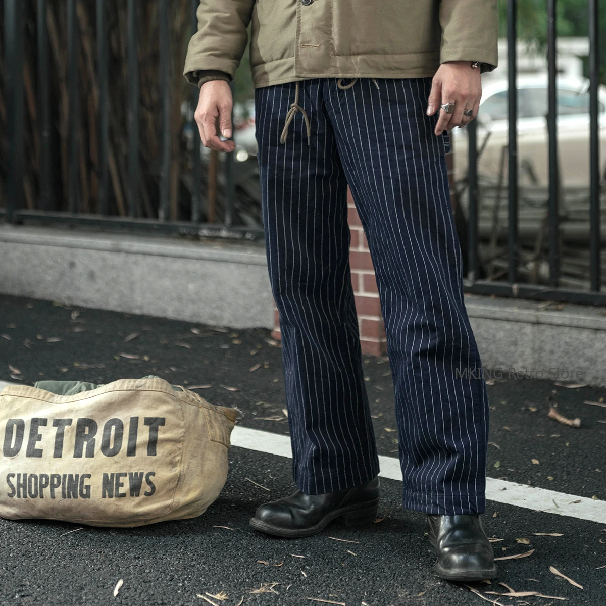 Фото Прочные рабочие брюки Bronson LOT952 HBT Coke в полоску для механиков, свободные прямые брюки с высокой талией №1