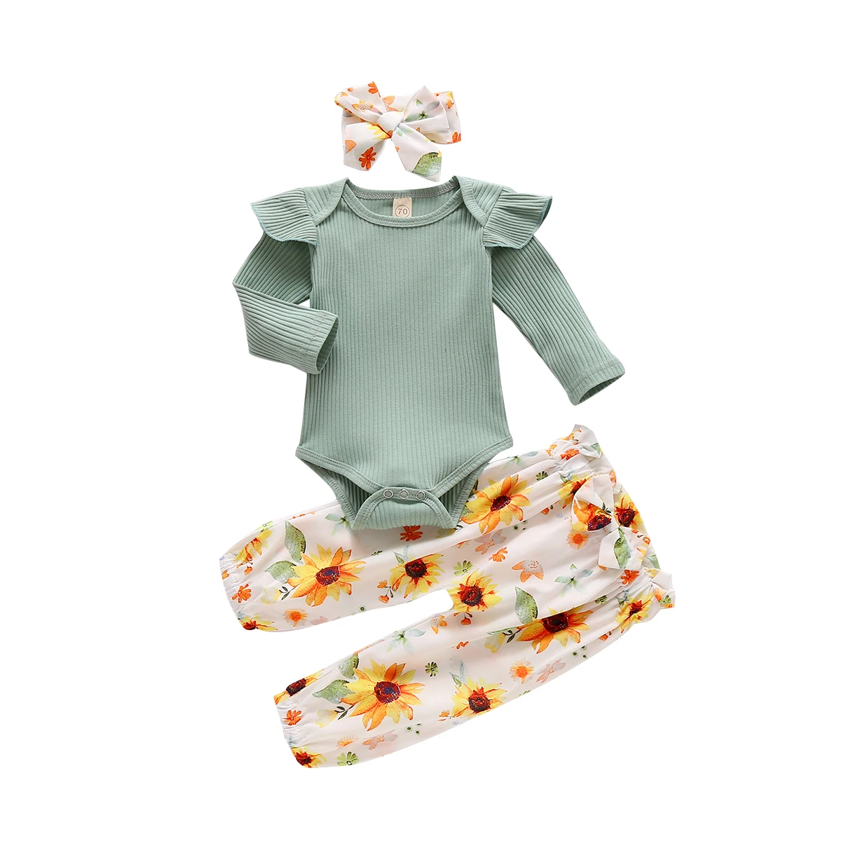 

0-24M Baby Girls Clothes Set Long Sleeve O-neck Ruffle Tops + Floral Print Long Pants + Bow Headband Infant Toddler Girls Sets