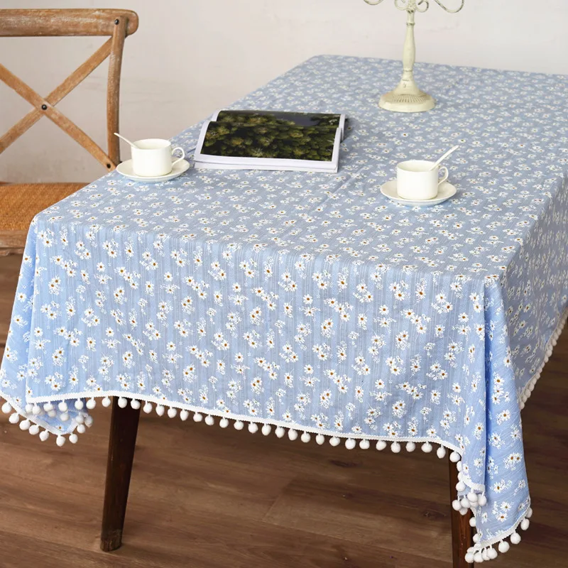 

Hot Tassel Blue Tea Table cloth Daisy Cotton Floral Tablecloth Pompom Table Cover For Kitchen Wedding Dining Room Decoration KE6