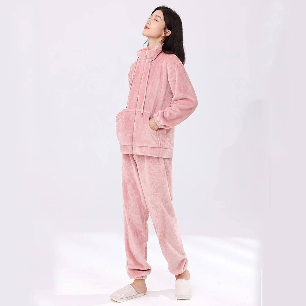 Women's Coral Fleece Pajamas Flannel Lounge Set Soft Pajamas Set Warm Loungewear Outfits Zipper Casual Two-Piece Sleepwear Pjs