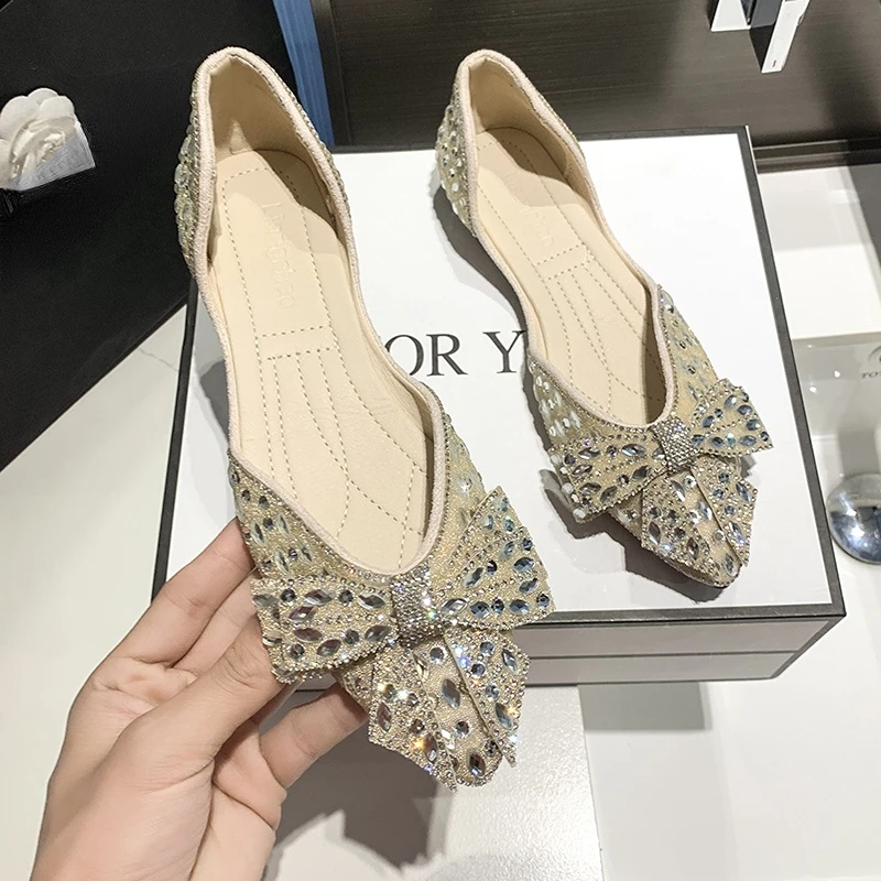 

2022 New Summer Rhinestone Shallow Pointed Toe Flat Shoes Solid Color Women's Shoes Outdoor Suede Bow Pointed Toe Women's Shoes