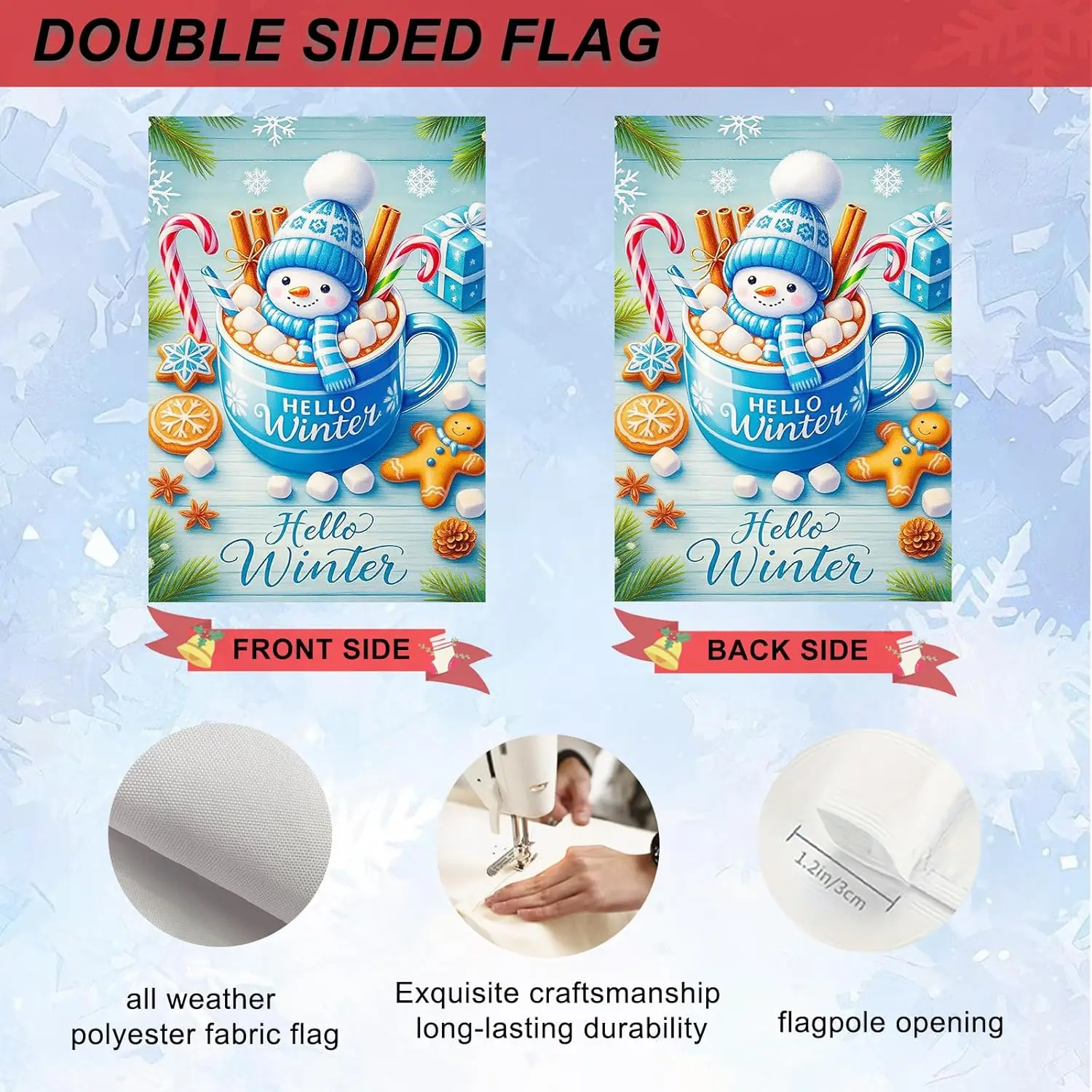 Фото Флаг для сада IVN Winter Garden 12x18 дюймов, двусторонний, с изображением снеговика и какао-конфет, для улицы, двора, входной двери, газона, веранды, патио EEZ №4