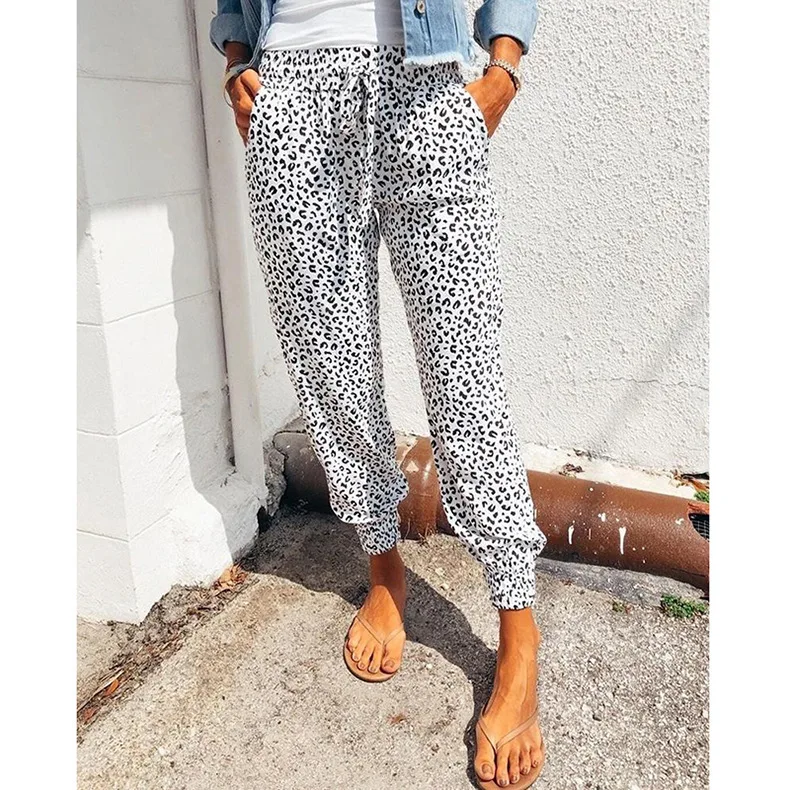 Women's Pants 2023 Summer New Fashion Legging Pants Loose Leopard Print Lace-Up Casual Pants Female