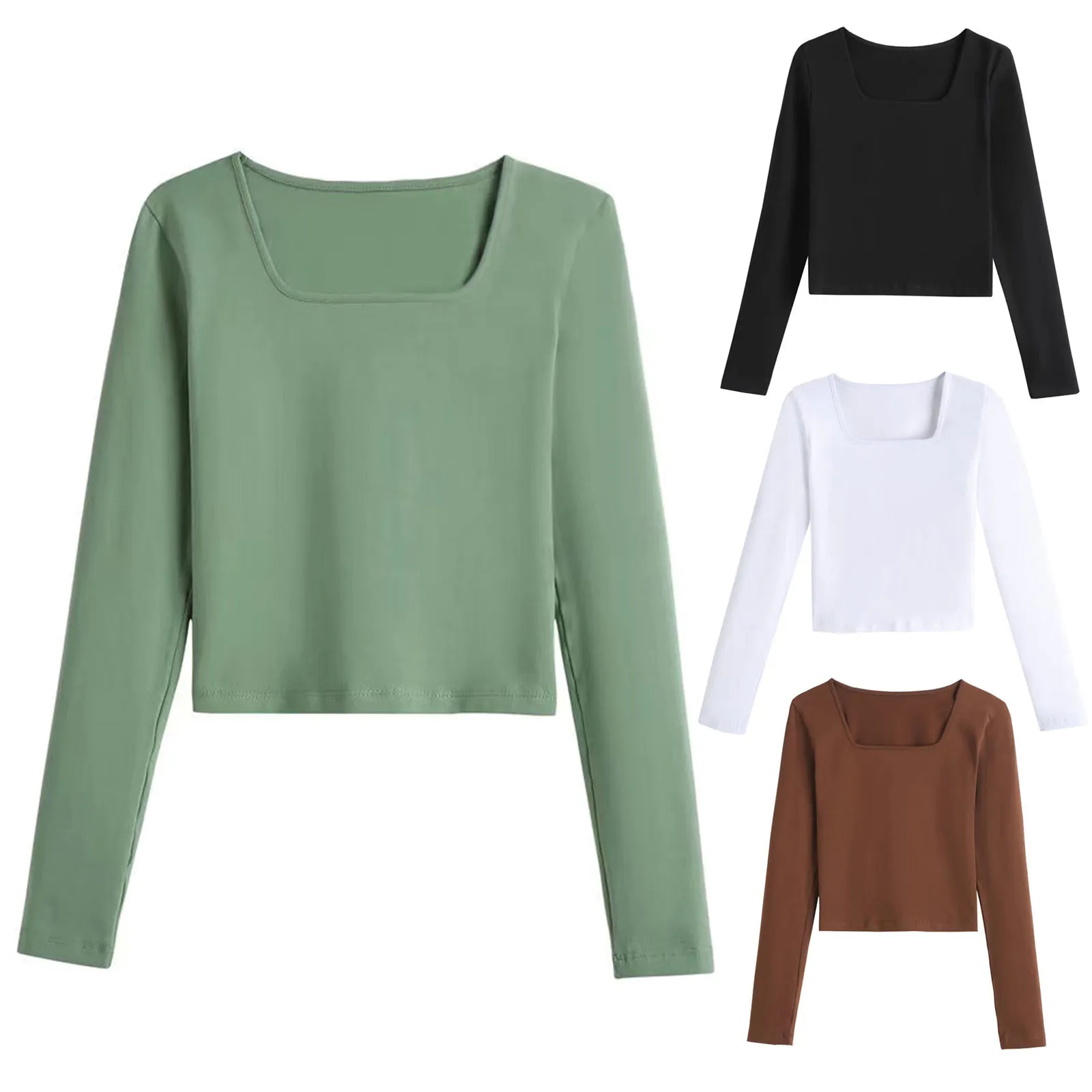 

Женский короткий топ с квадратным вырезом и глубоким вырезом, привлекательная рубашка с длинным рукавом, облегающие однотонные базовые пов...