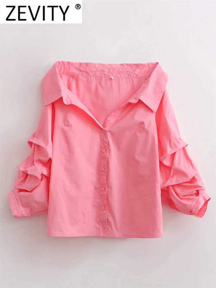 

Женская модная однотонная блузка Zevity с открытыми плечами, Офисная Женская рубашка с плиссированным рукавом, деловая рубашка, блузки, топы ...