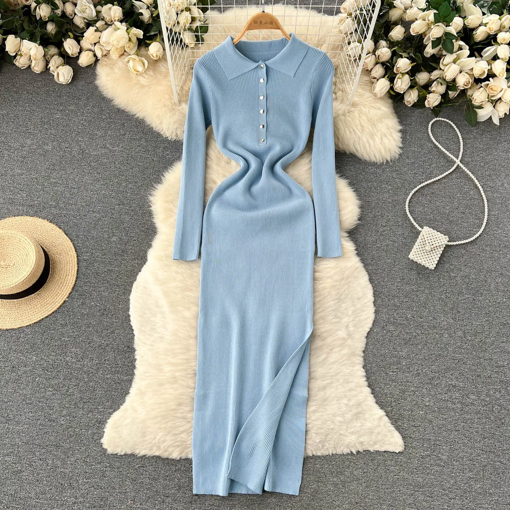 

Chic Sexy Elegant Split Bodycon Pencil Dress Korean Fashion Elastic Slim Knitted Long Sleeve Vestidos Party Autumn Women Clothes