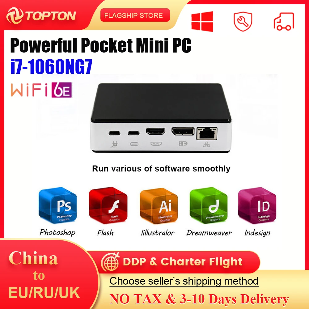 

Topton Portable Mini PC Core i7-1060NG7 Intel 10th Gen DDR4 3200MHz windows 11 pro Pocket PC Gaming Computer 4K WiFi6E