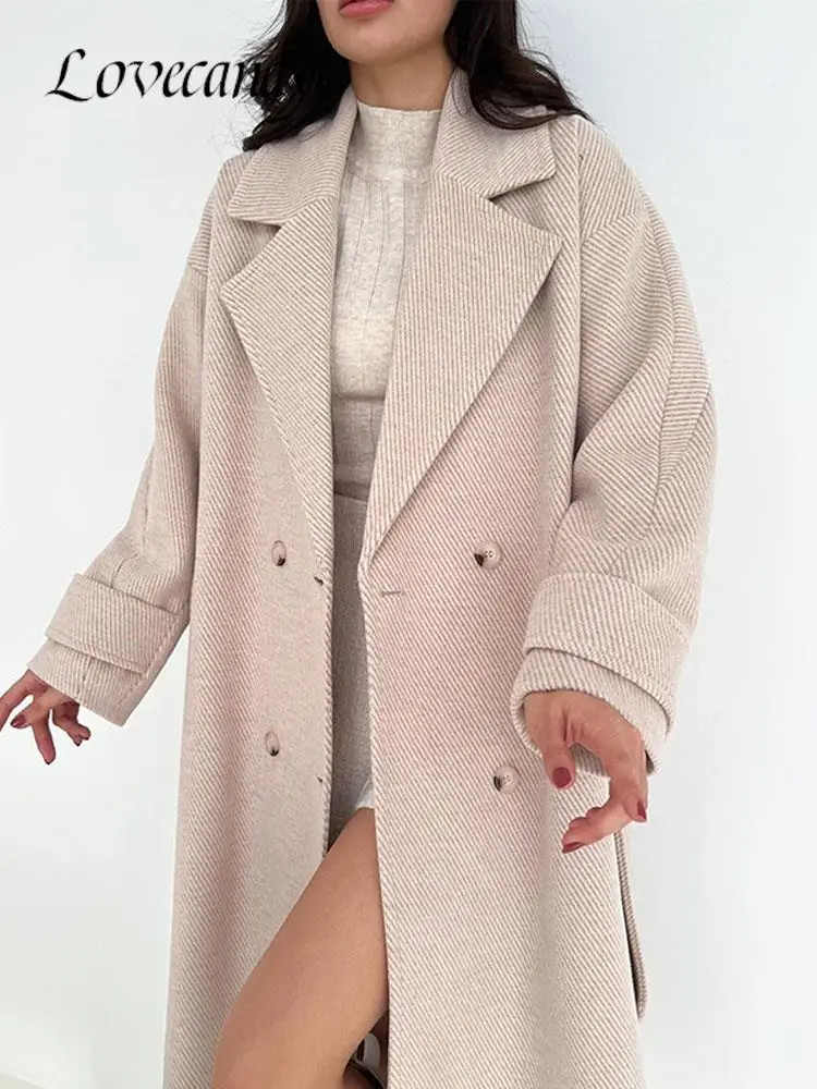 

Женская двубортная ветровка с поясом, однотонное плотное теплое пальто средней длины с отложным воротником, Элегантное повседневное Свобо...