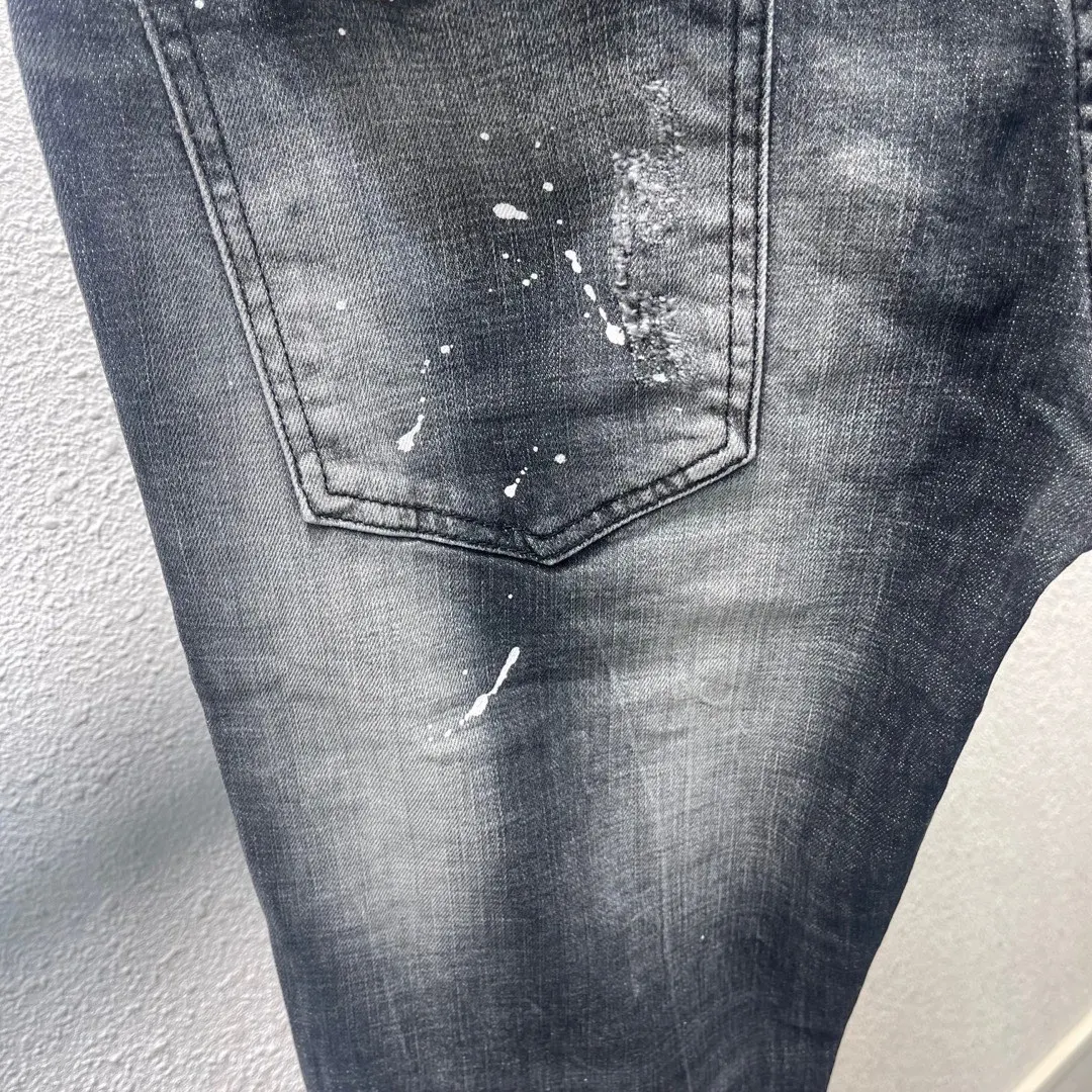 2023 Spring/Summer New D2 Jeans Fashionable Men's Fashion Slim Fit Print Graffiti Scratched Patches Small Feet Pants Men