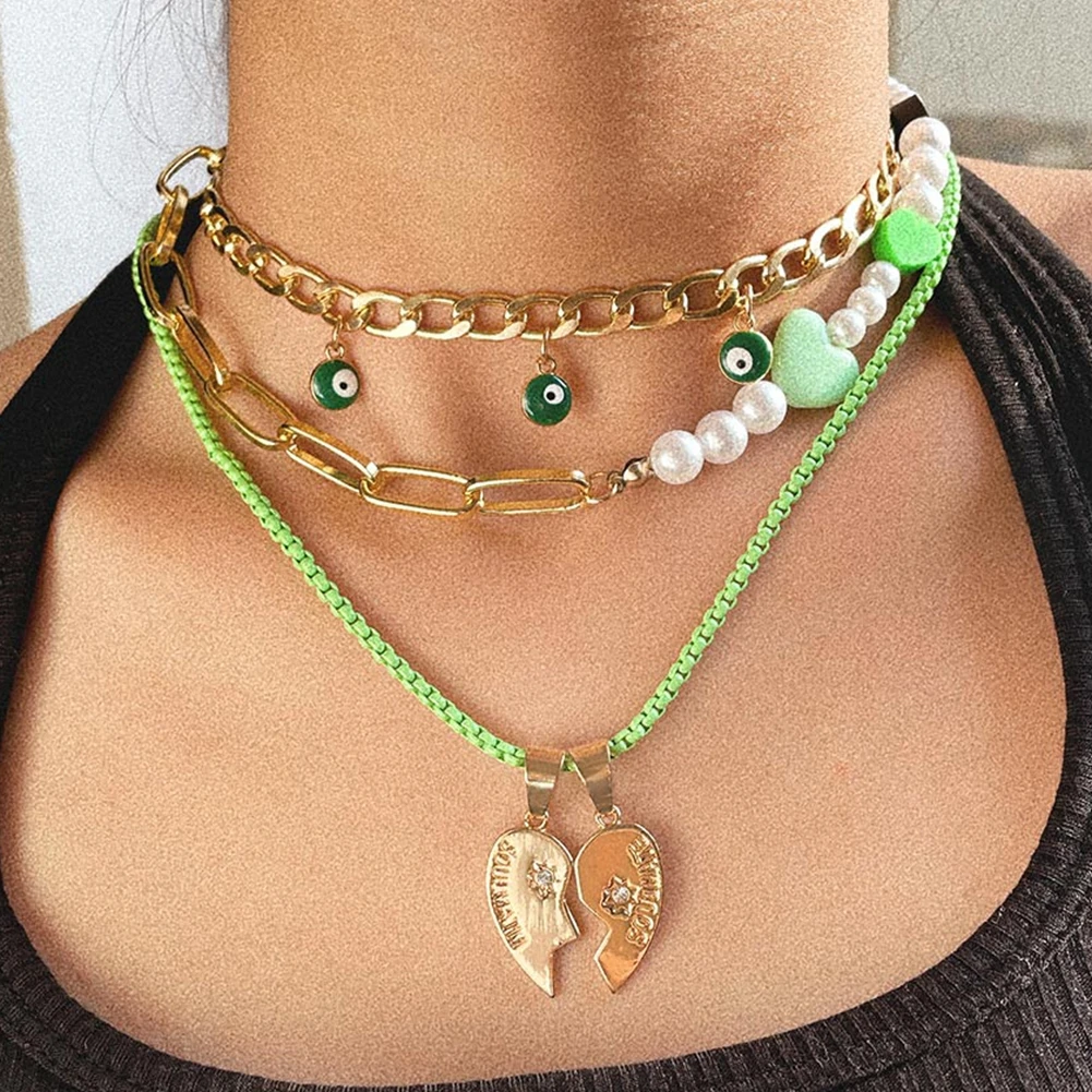 

Trendy Green Evil Eye Beads Pearl Choker Necklace For Women Multilayer Broken Heart Golden Metal Link Chain Necklace New Jewelry