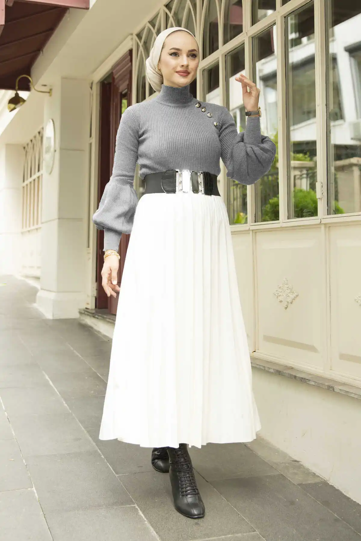 Вязаный свитер с рукавами-воздушными шариками серый зимний осенний 2021 женский