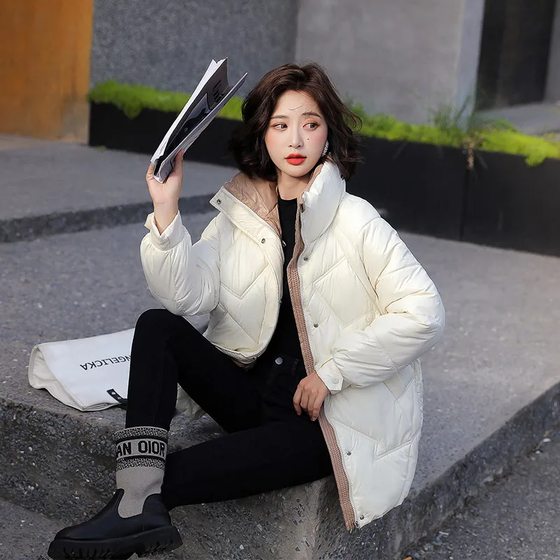 Cotton Jackets for Fashion Ladies Autumn Winter Stand Collar Loose Chic Coat Solid Color Patchwork Button Parka Zipper Parka