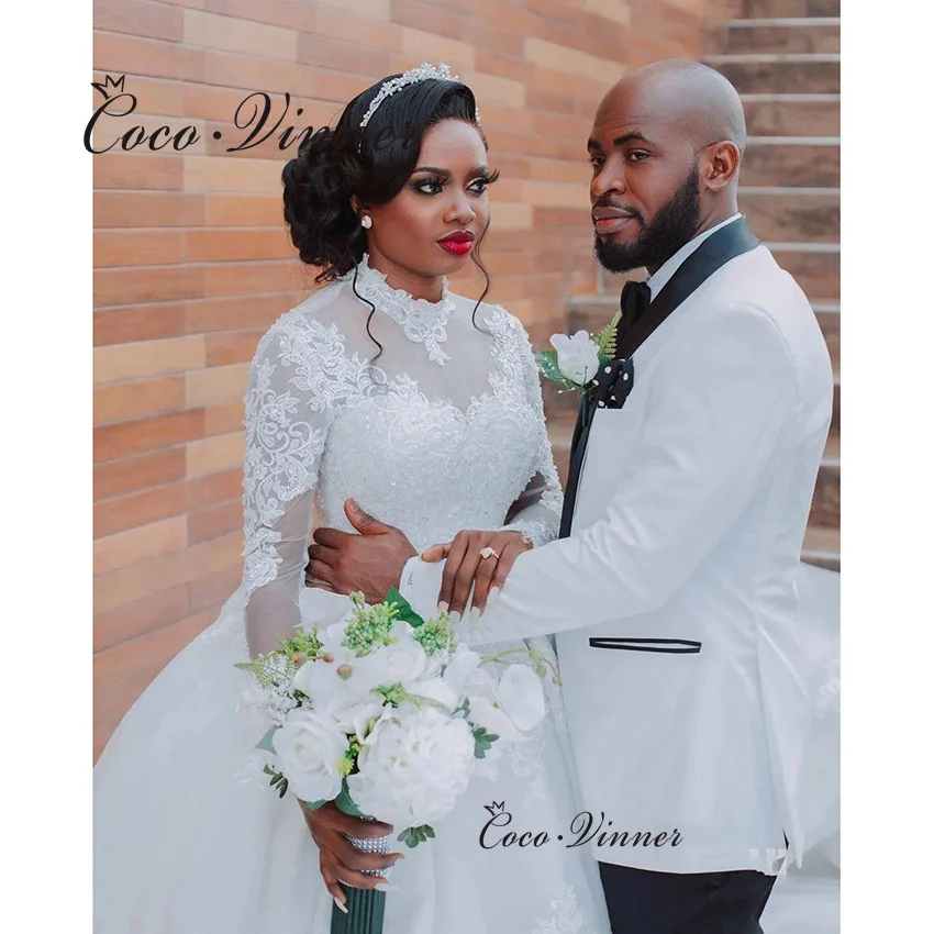 Фото Customized Africa Style Wedding Dresses Ball Gown High Neck Long Sleeves Lace Appliques Beading Wedding Dress For Bride W1352 №3