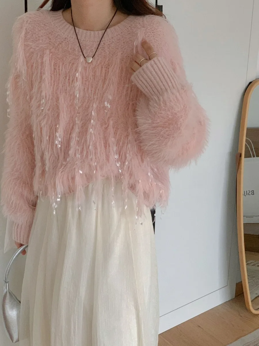 Женский вязаный свитер из искусственной норки