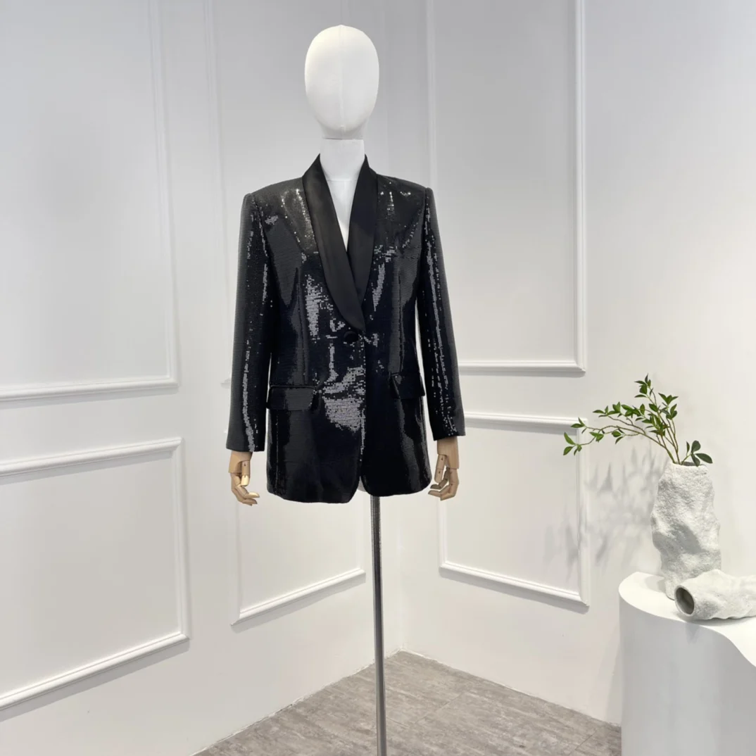 

2023 New Arrivals Top Quality Vintage Black Jackets Autumn Winter Top Quality Slim High Street Style Sequined Women Blazer