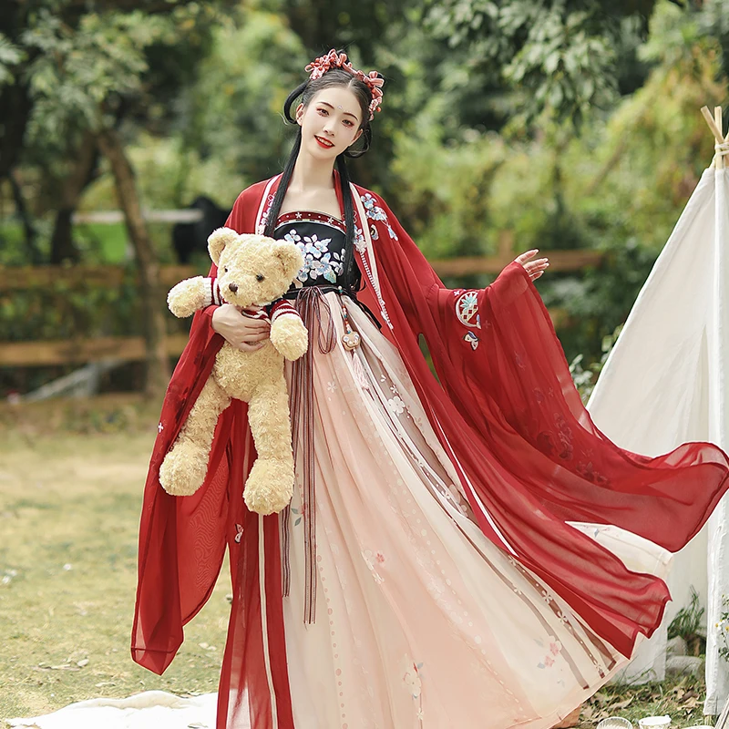 

Red Traditional Chinese Costume Women Tang Embroidered Fairy Stage Performance Costume New Year Hanfu Dresses