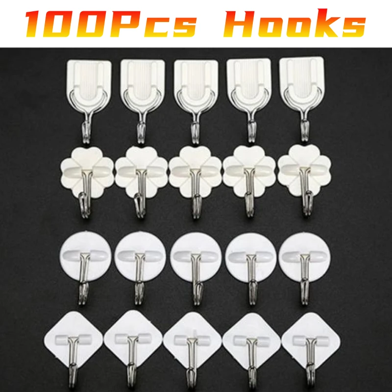 

100Pcs/Lot Sticky Hooks Wall Hooks Strong Self Adhesive Door Wall Hangers 180 Degree Rotating Hooks For Bathroom Kitchen Hooks