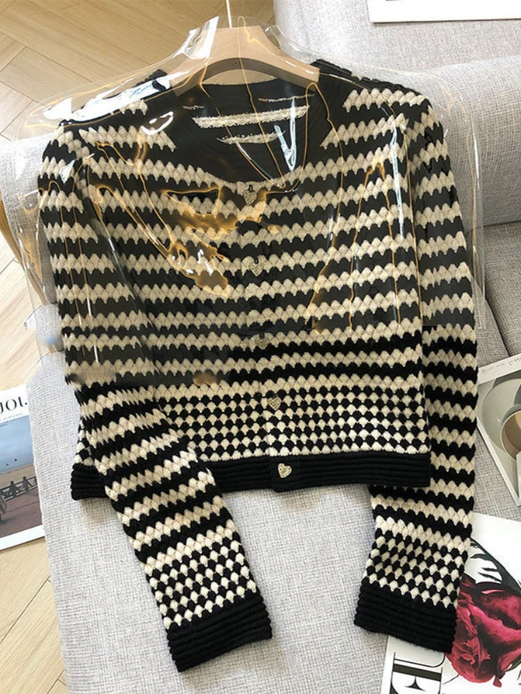 

Deeptown Vintage Striped Cardigan Sweater Women Harajuku Knitted Jumper Casual Long Sleeve Elegant Chic Outerwear Korean Fashion