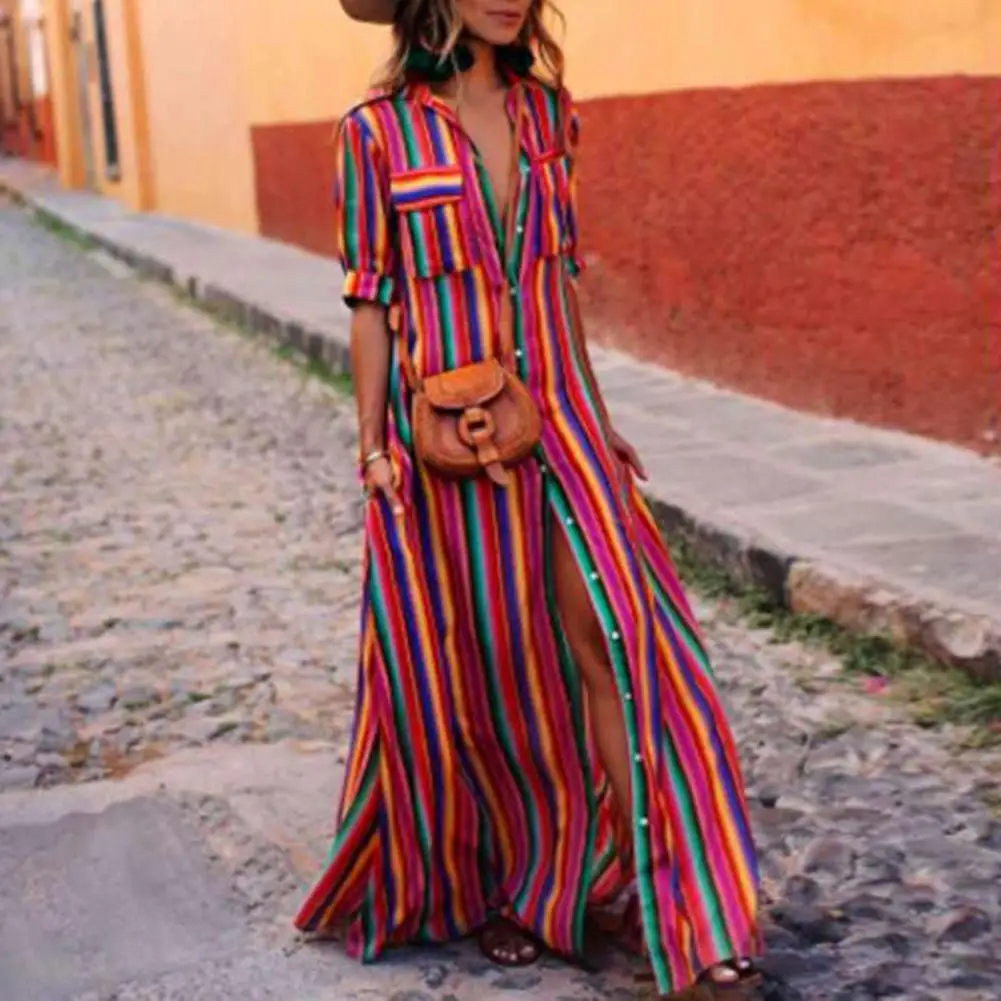 Женское полосатое платье макси с принтом воротник лацканами пуговицы на груди