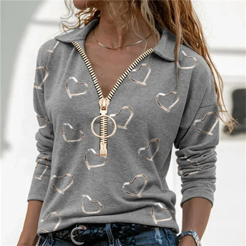 

V-Neck Pullover Tops Elegant Heart Print Zipper T-shirt Women Autumn Casual Long Sleeve Top Lady Shirt Street Plus-Size Tee